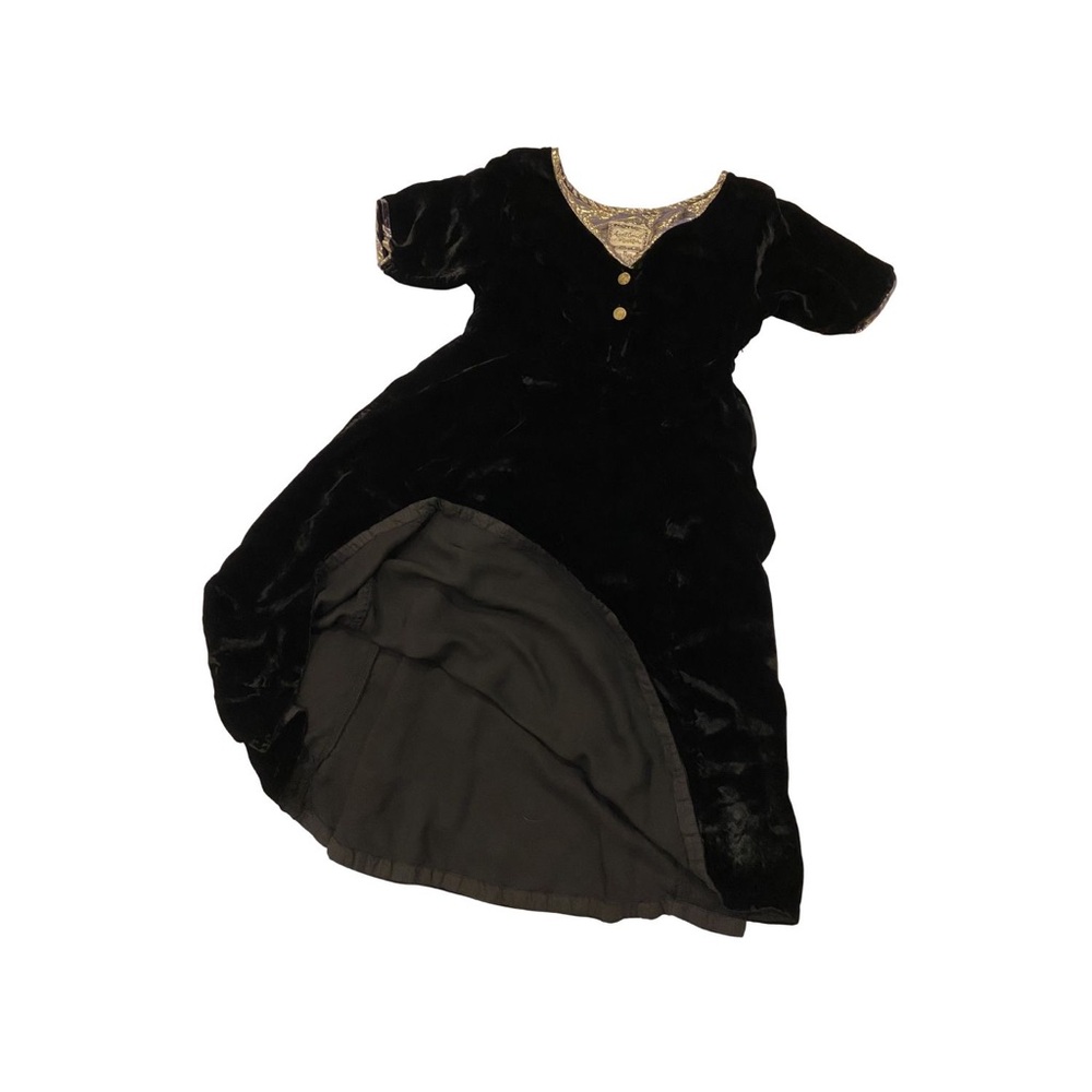 Vintage Medival Shiny Gold Little Black Dress Velvet Women Medium Short Sleeve - Picture 10 of 12
